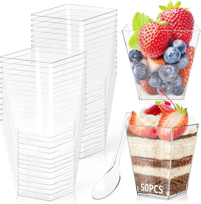 Szklanki, filiżanki plastikowe deserowe z łyżeczkami 50 szt, 160 ml