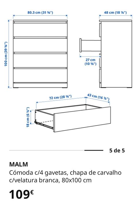 Cómoda malm carvalho 4 gavetas usada