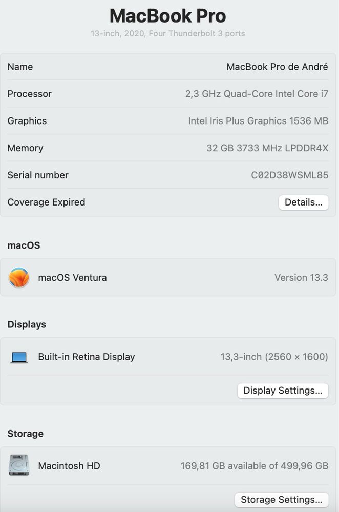 MacBook Pro 13” 2020, Intel Core i7, 32GB RAM, 500GB SSD