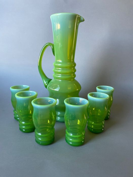 Dzbanek Pijaczewska szklanka zestaw huta Barbara kolorowe szkło PRL