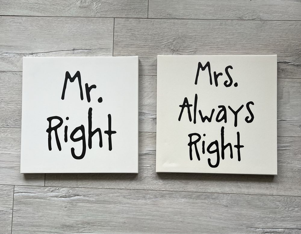 Obraz Zestaw bialych obrazów na płótnie Mr Right Mrs Always Right