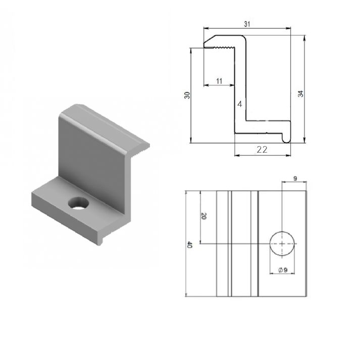 Притиск крайній для кріплення сонячних панелей 30мм, алюмінієвий,4мм