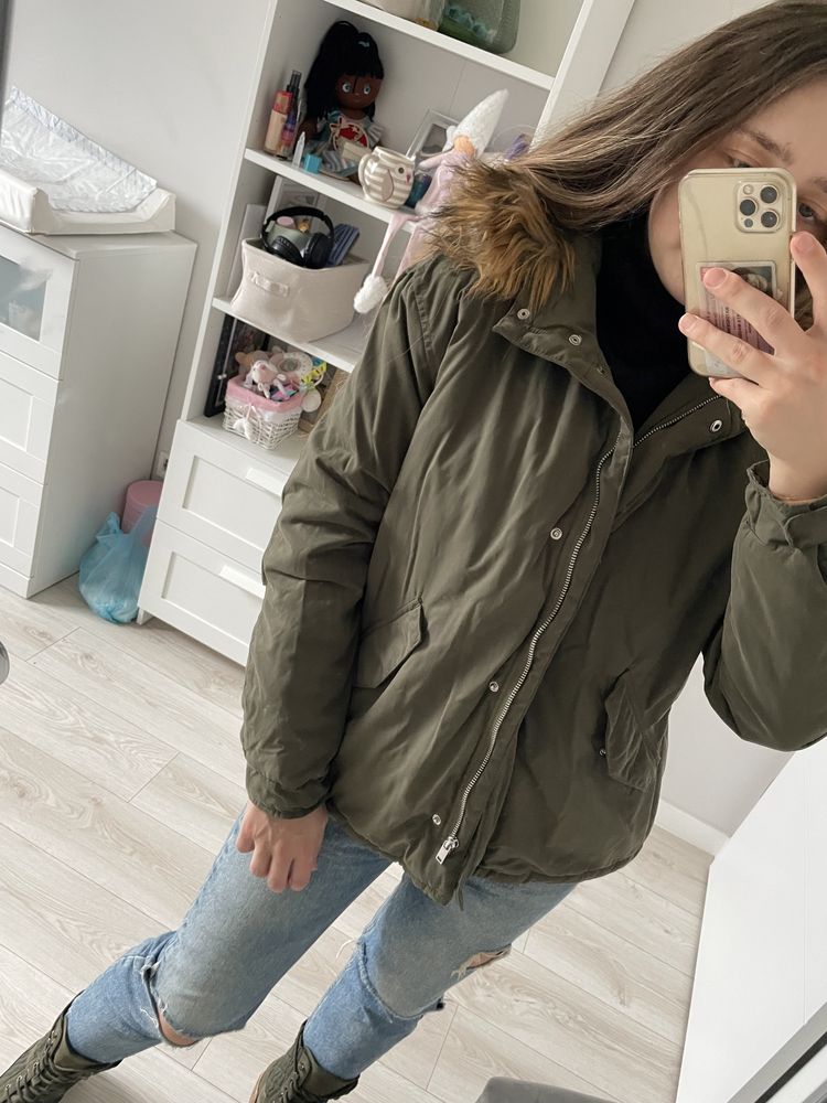 Ocieplana kurtka khaki z kapturem h&m