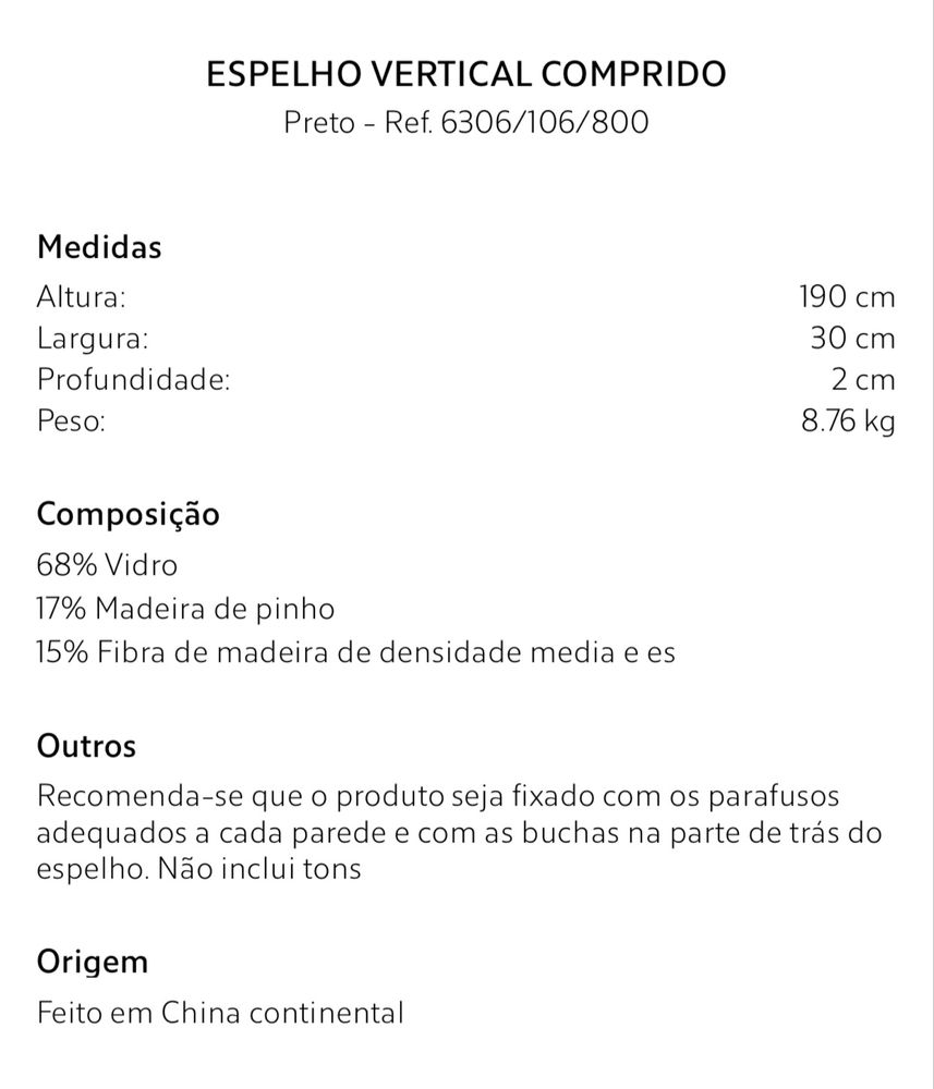 Eespelho Vertical Comprido Zara Home NOVO