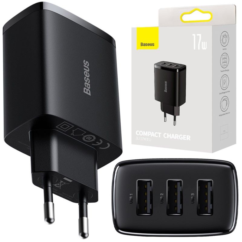 Baseus Compact Ładowarka Sieciowa 3X Usb 17W : Kolor - Czarny