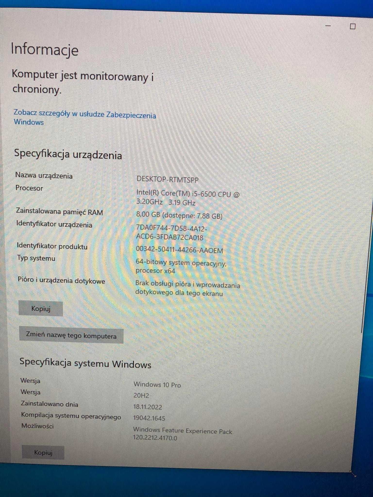 Komputer HP i5-6500/8GB DDR4/256SSD/NVIDIA Quadro K620/Windows 10