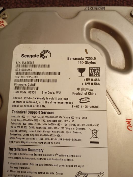 Dysk twardy Seagate barracuda 7200.9 160Gb działa