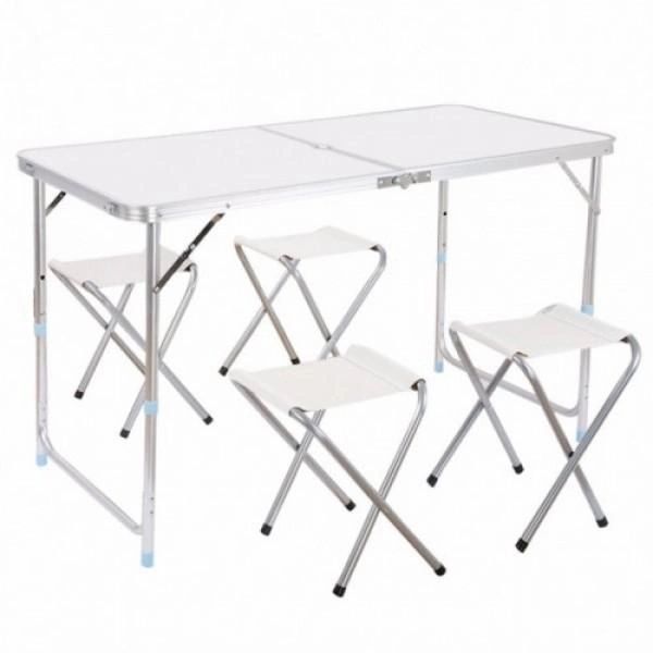 Стіл та стільці для пікніка Folding Table білий, синій та темне дерево