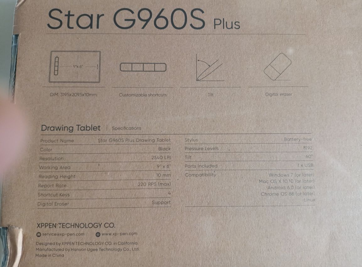 Графічний планшет XP-Pen Star G960S Plus 9х6" 4 клавіши + рукавичка