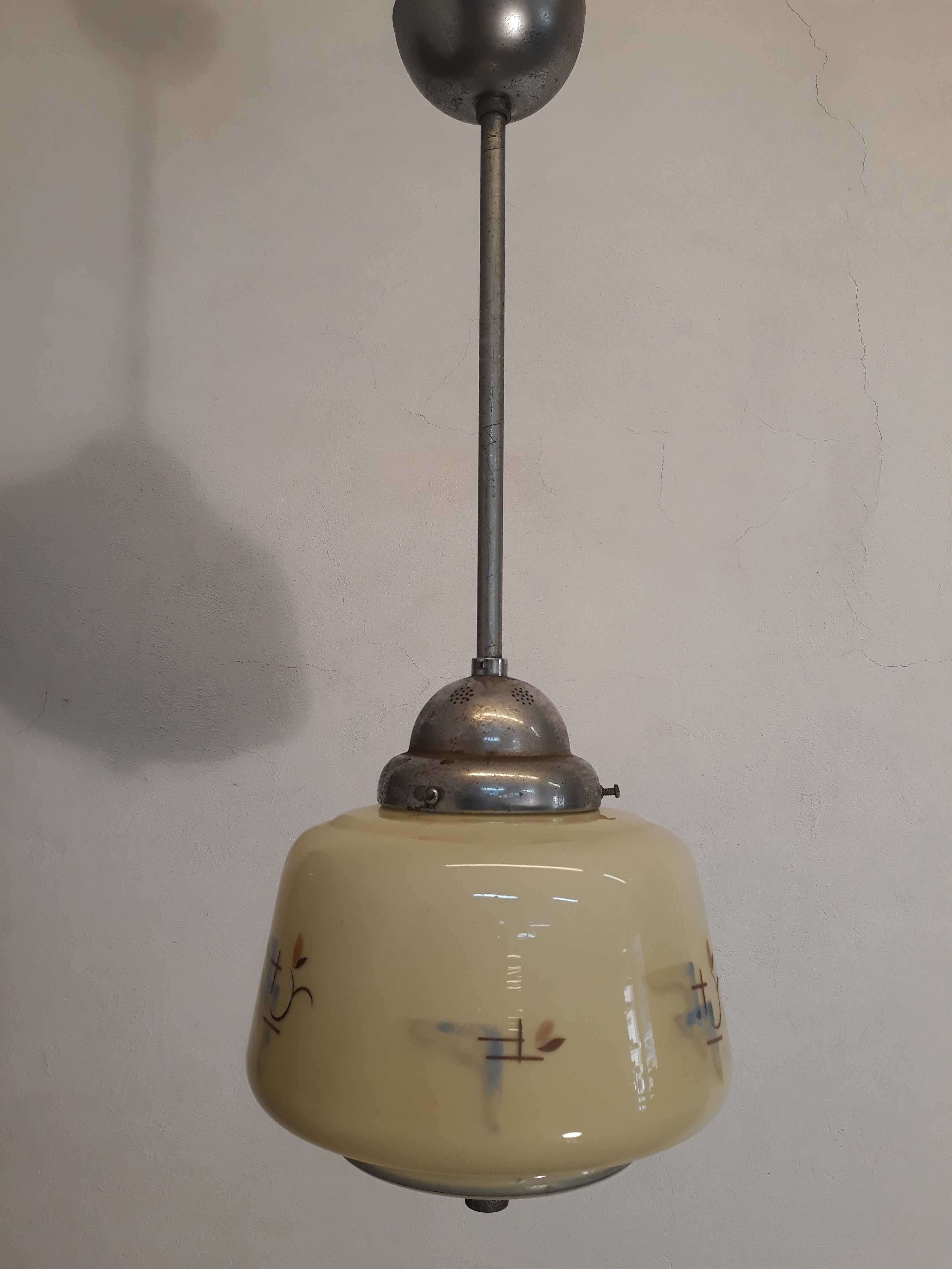 Przedwojenna lampa z kloszem, srebrna, chromowana, art deco, ampla