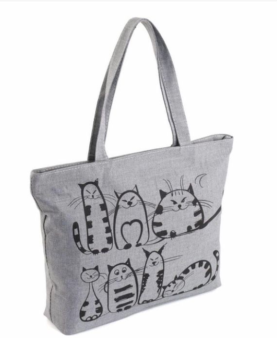 • Женская сумка шоппер на плечё, эко шопер с котами школьная