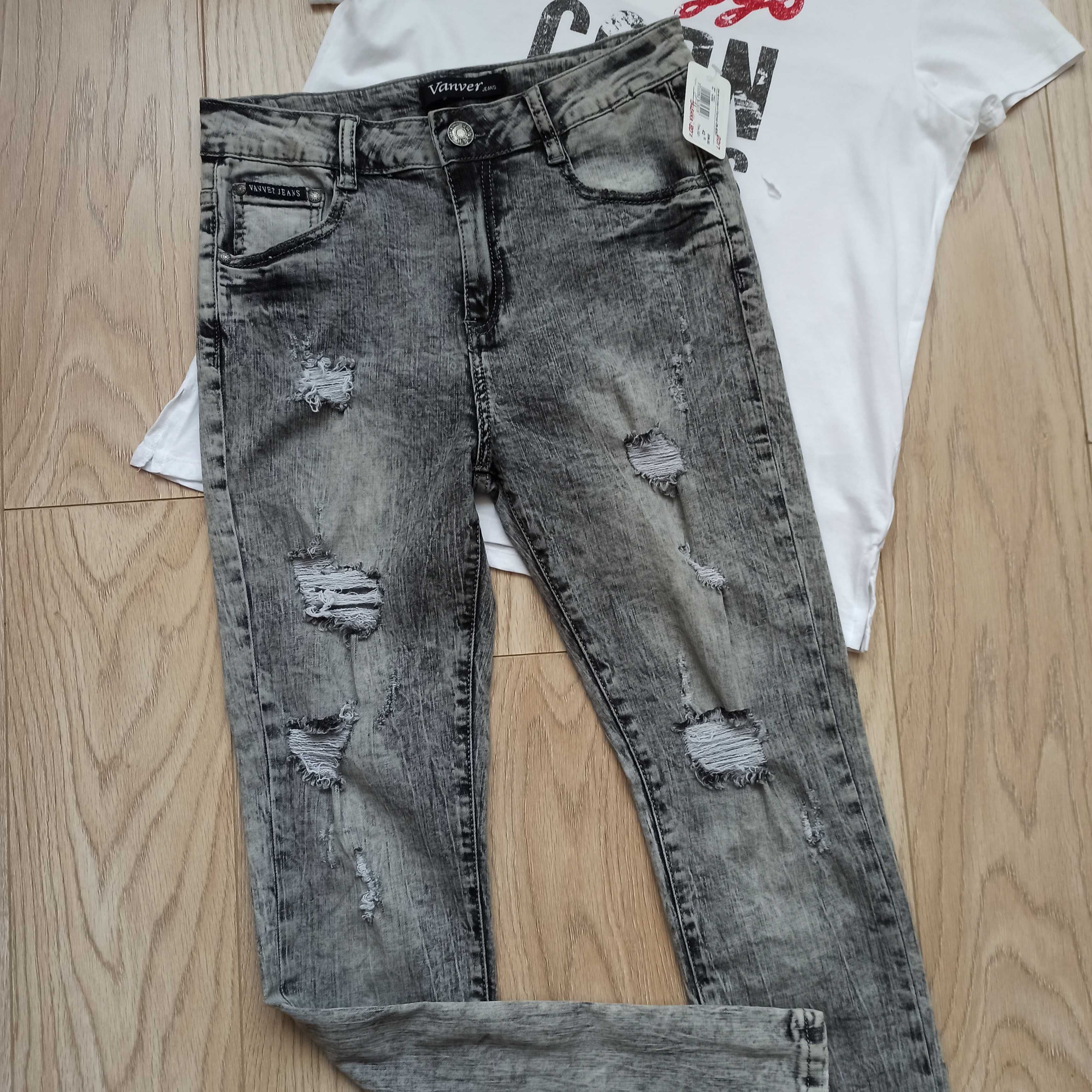 Прямі сірі джинси з дірками, р.30, M-L