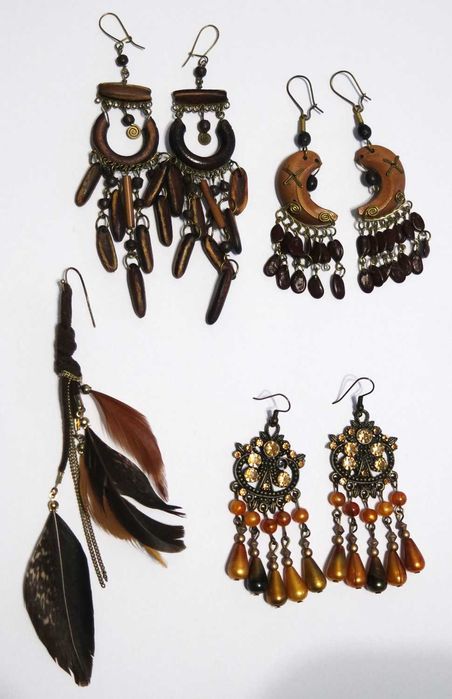 Zestaw kolczyków boho hippie vintage retro drewno pióra