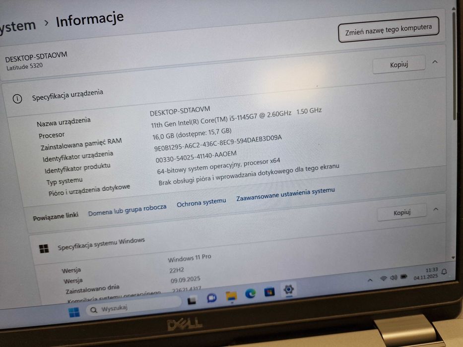 DELL Latitude 5320/ i5-1145G7/ 16GB/ 512GB/ Intel Iris W11P/ czytaj uw