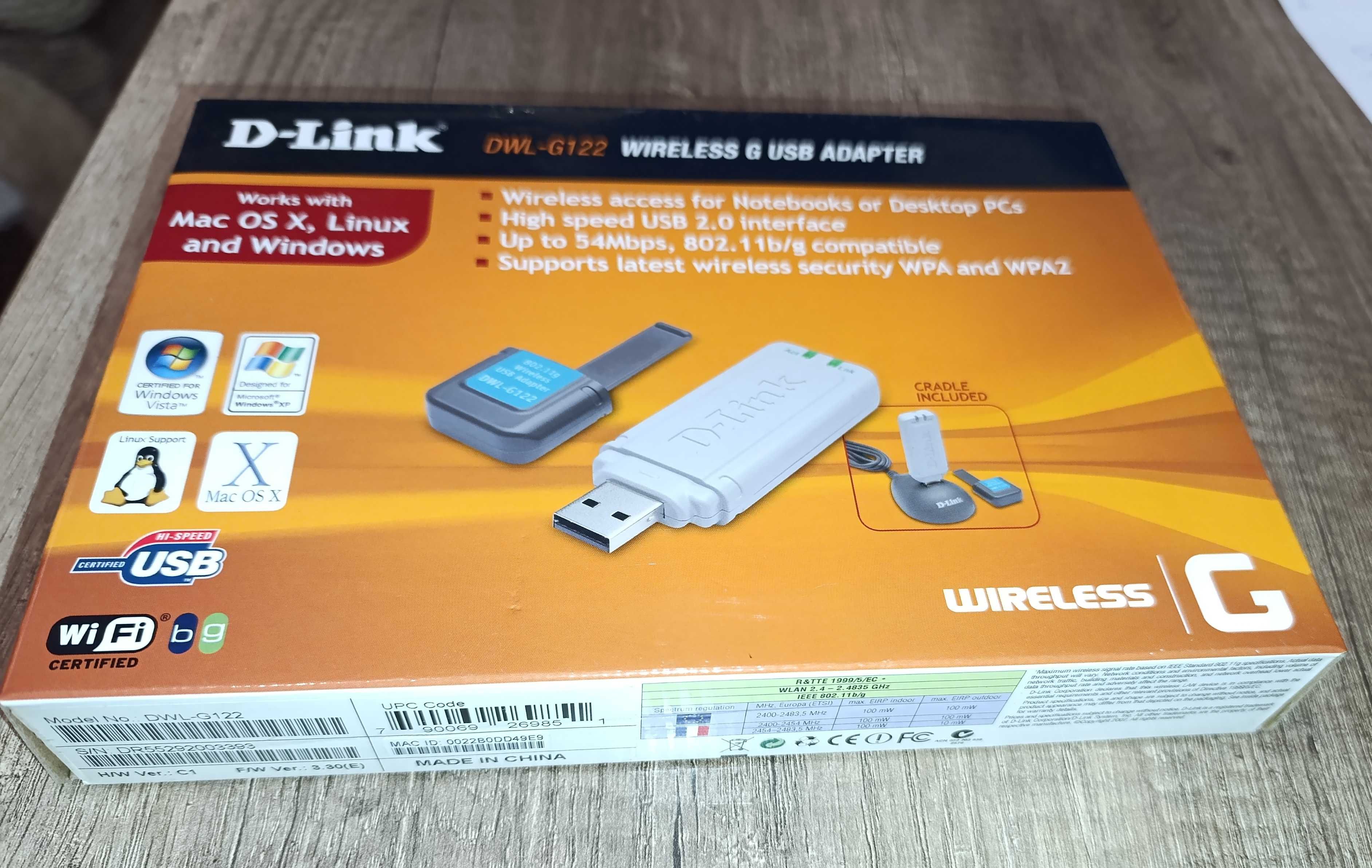 D-Link Adaptador USB - 54Mbps Wireless DWL-G122 com suporte - Novo