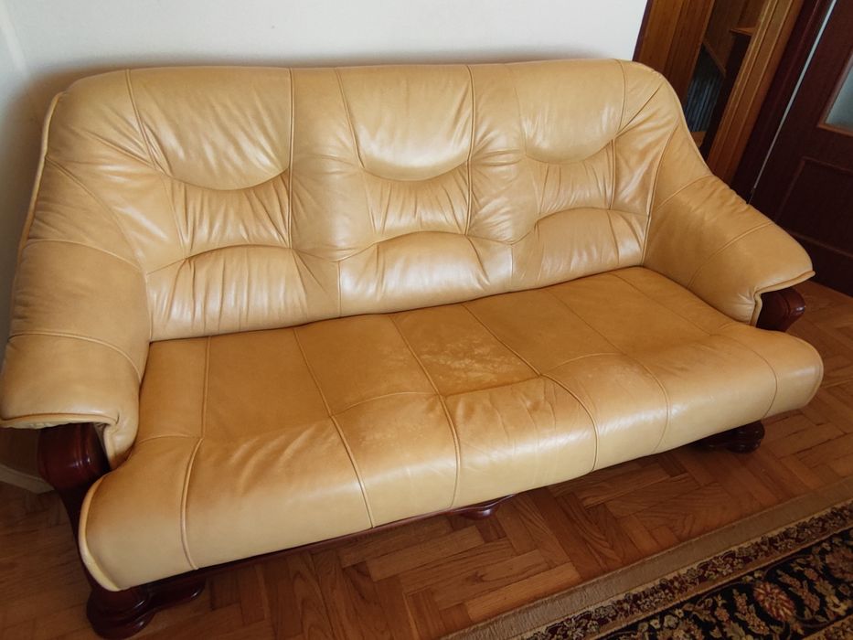 Skórzany zestaw wypoczynkowy, kanapa + 2 fotele