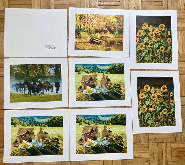 Reprodukcje obrazów malowane stopą,ustami.Kartki Kalendarze