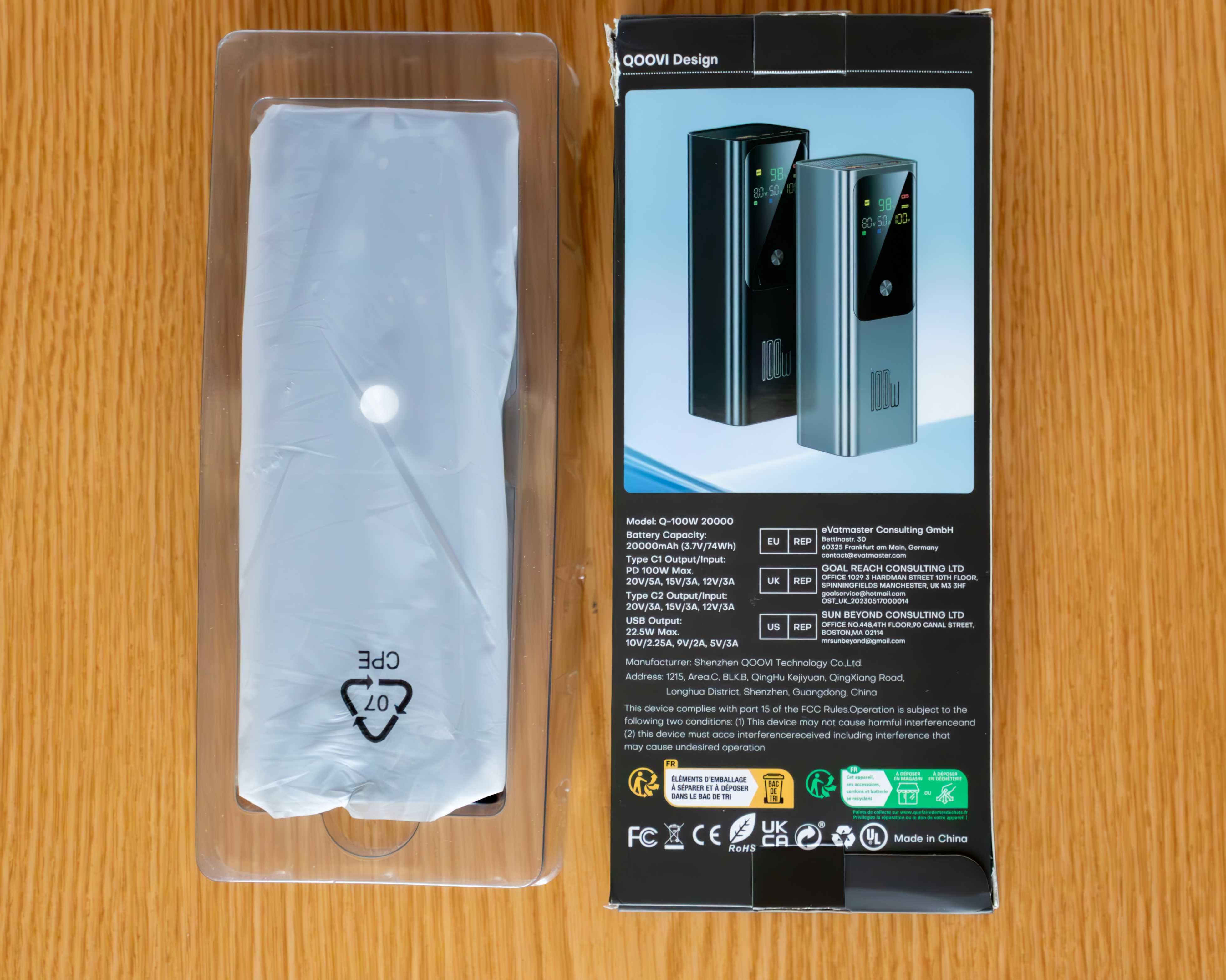 Power Bank QOOVI 100W 20000 мАг, потужний для ноутбуків, планшетів тел