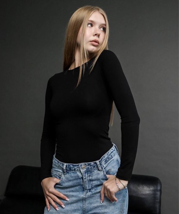 Чорний лонгслів з бавовни, чорна облягаюча кофта