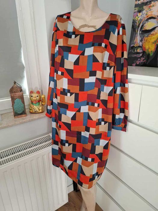 kolorowa pomarańczowa brązowa Sukienka w geometryczny print jesienna