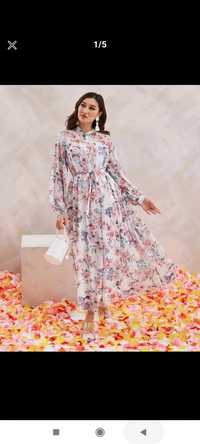 Sukienka szyfonowa zwiewna maxi długa pastelowa w kwiaty z rękawem