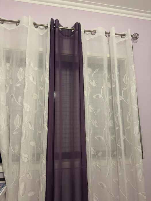 Cortinado de 3 peças branco e roxo para sala/quarto com Varao