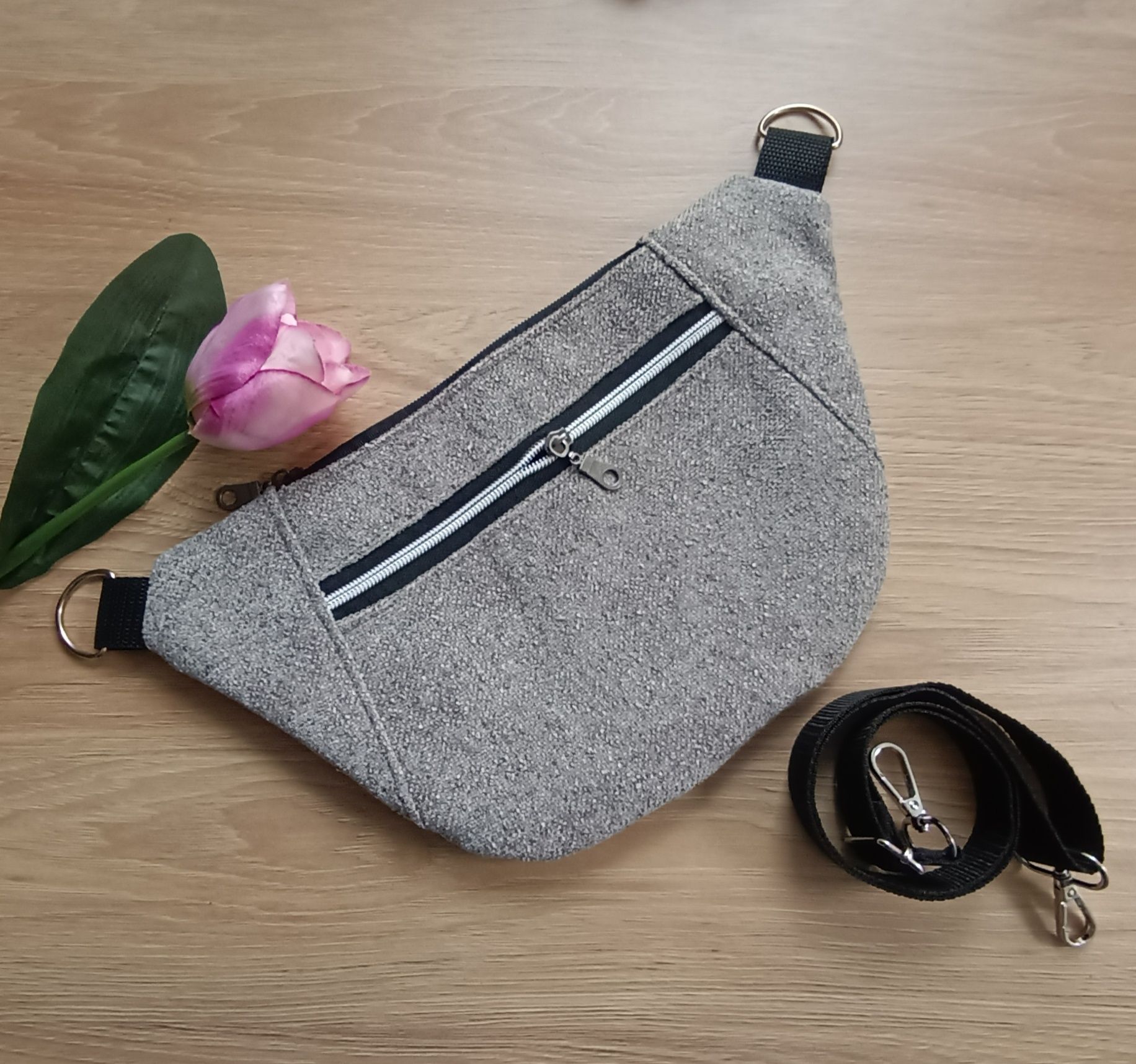 Nerka torebka saszetka płaska szara zebra handmade