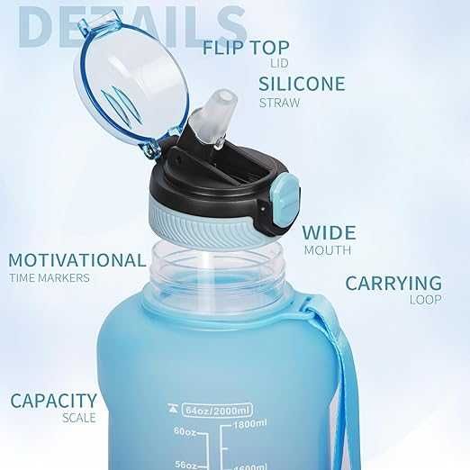 Sportowa butelka na wodę z tritanu 2l ze słomką i znacznikami czasu