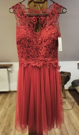 Czerwona sukienka r. M koronkowa tiul na wesele