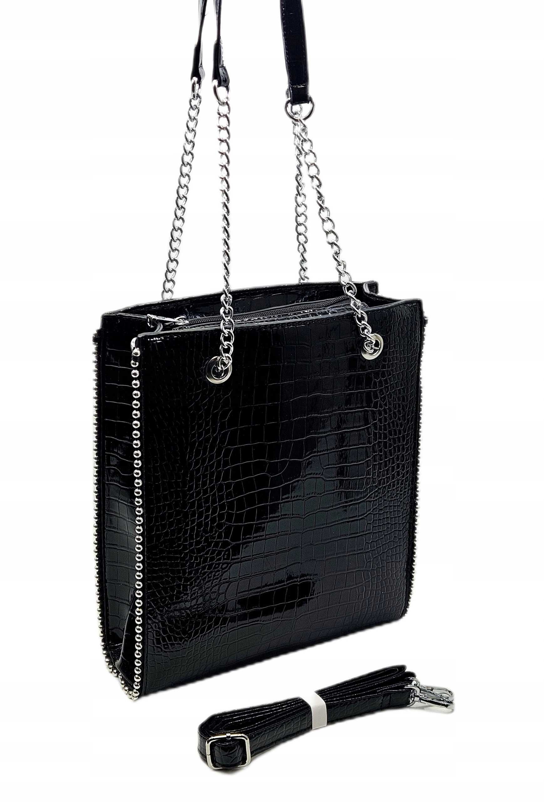 Klasyczna Torebka Damska Shopper Skóra Eko Czarny Lakier Croco Pasek