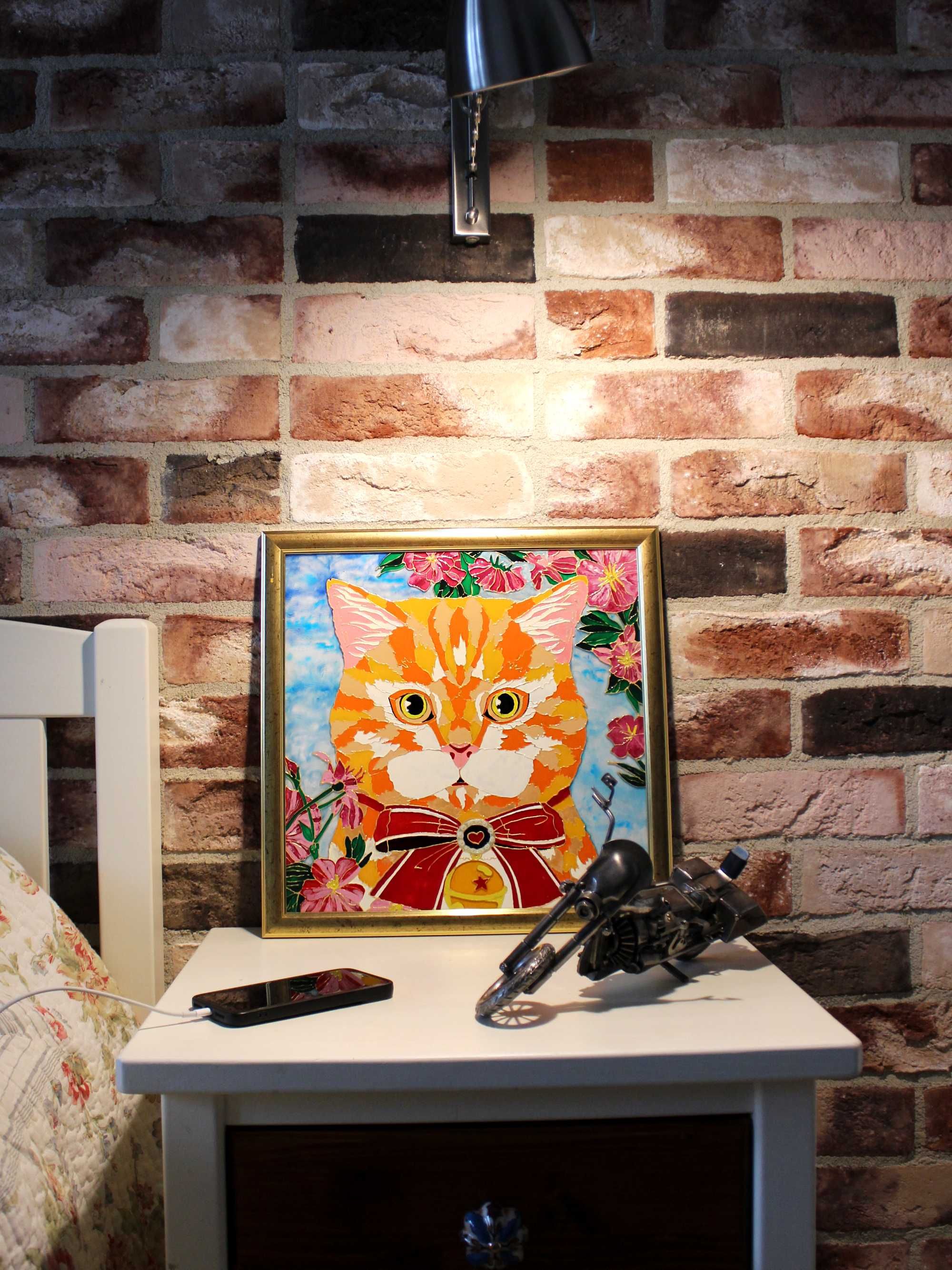 Витражная картина рыжий кот "Рудий", витраж на стекле