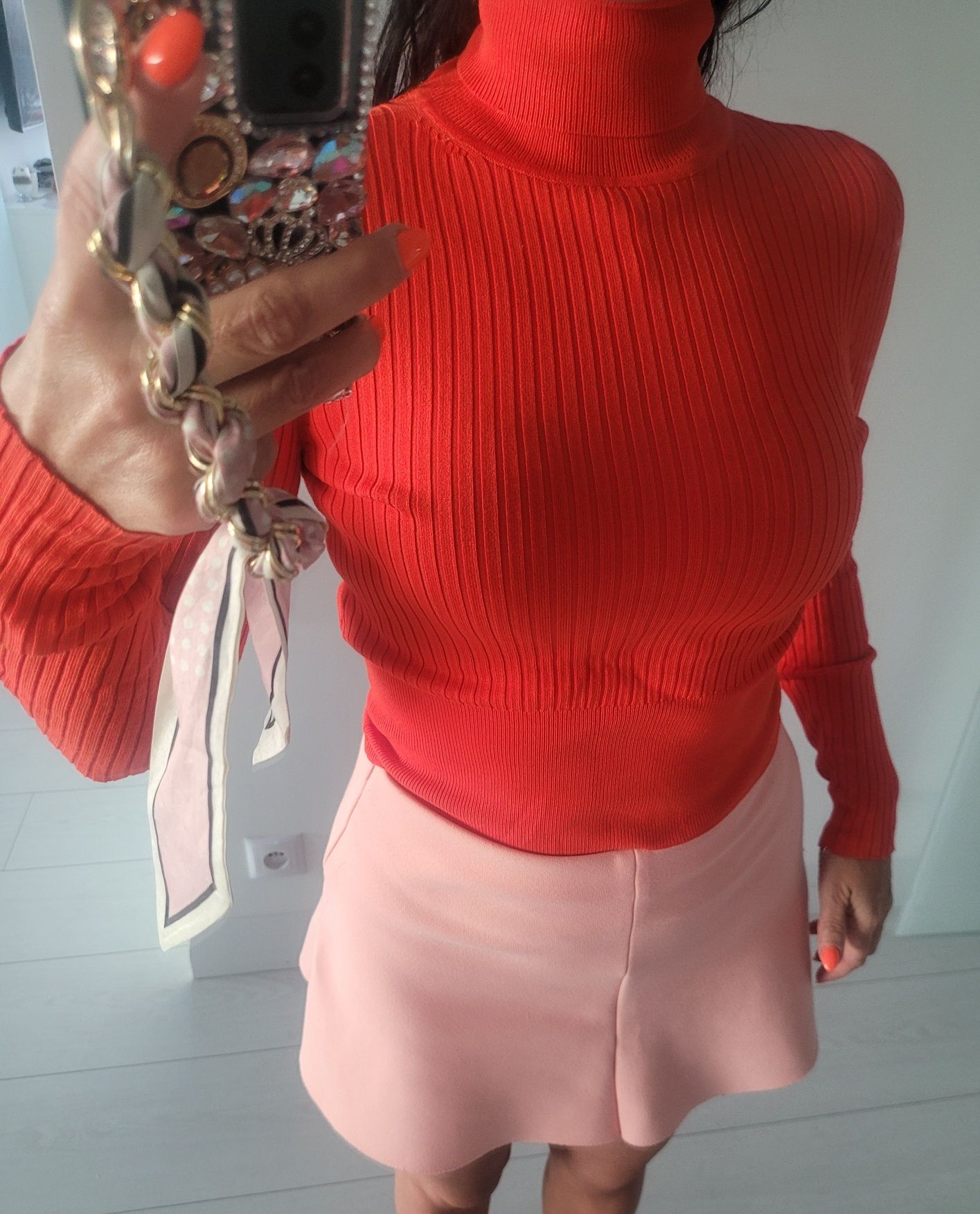 Sweter golf Zara Prążkowany czerwony
