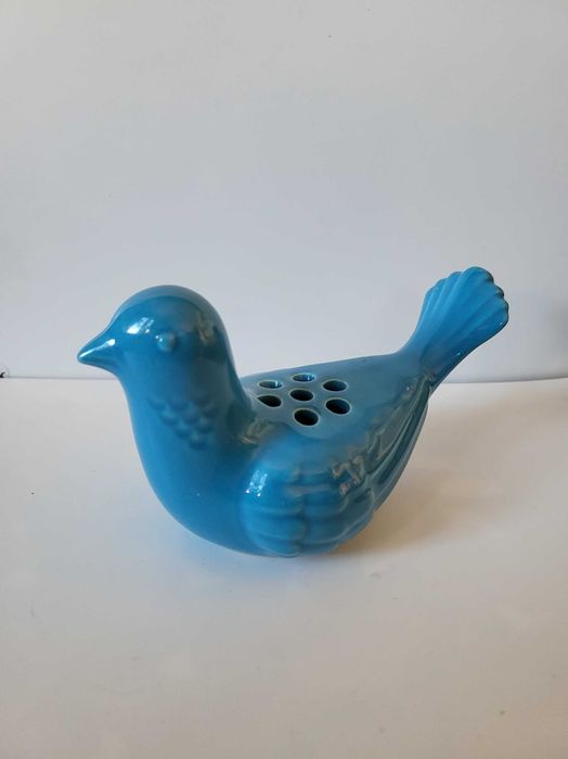Ceramiczny niebieski gołąb, wazonik, retro dekoracja domu