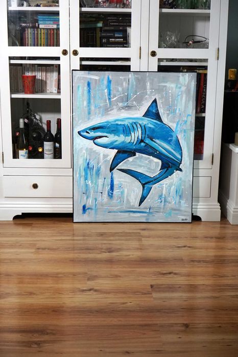 Ręcznie malowany oryginalny nowoczesny duży obraz akrylowy rekin Stach