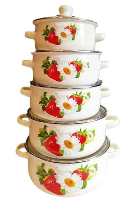 GARNKI EMALIOWANE komplet 5 garnków 5 pokrywek zestaw