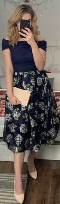 Granatowa sukienka w kwiaty midi Jolie Moi 38 M 36 S