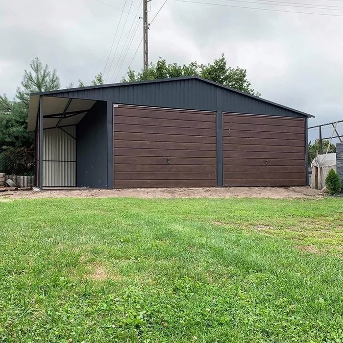 Garaż dwustanowiskowy 6x5 m wiata 3 m - Dach dwuspadowy, Brama uchylna