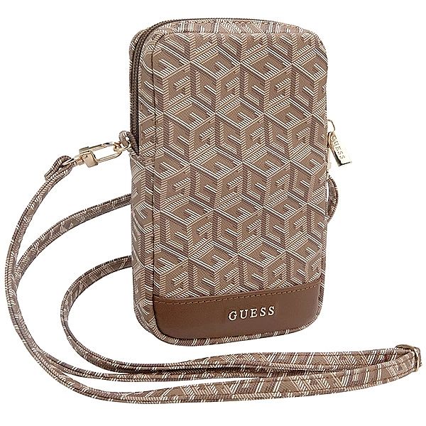 Torebka Guess Zip GCube Bottom Stripe na telefon - brązowa
