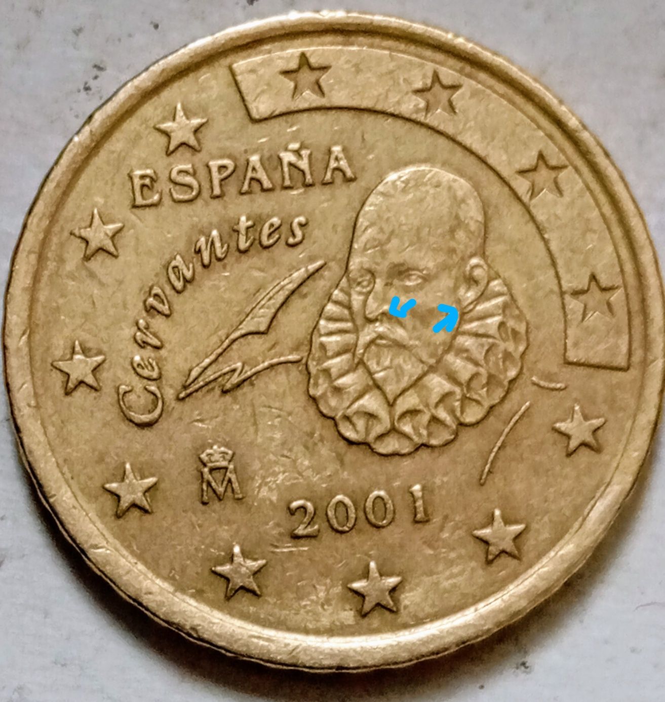 Moeda de 50 cêntimos Espanha 2001 com defeito..