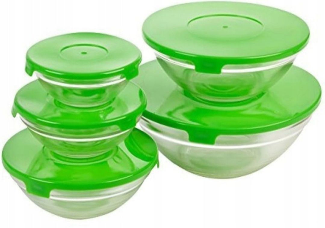 Zestaw misek szklanych 5 sztuk kuchennych z przykrywkami zielone