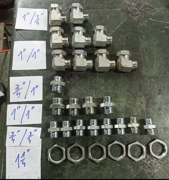 Zestaw złączek hydraulicznych, nypli i nakrętek 1" 3/4" 1 1/4"