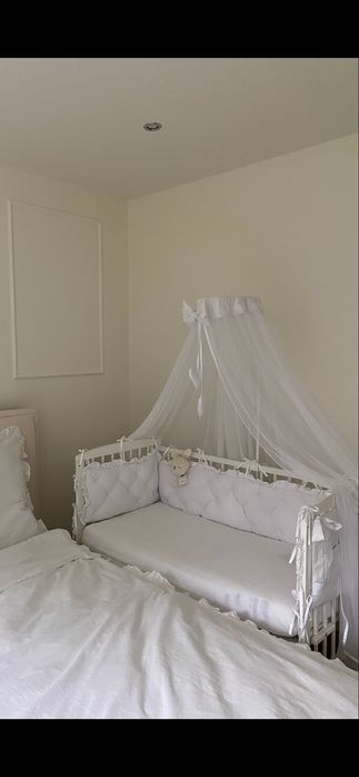 Łóżeczko 3w1 funkcja dostawki z baldachimem,materac HILDING DOBRANOCKA