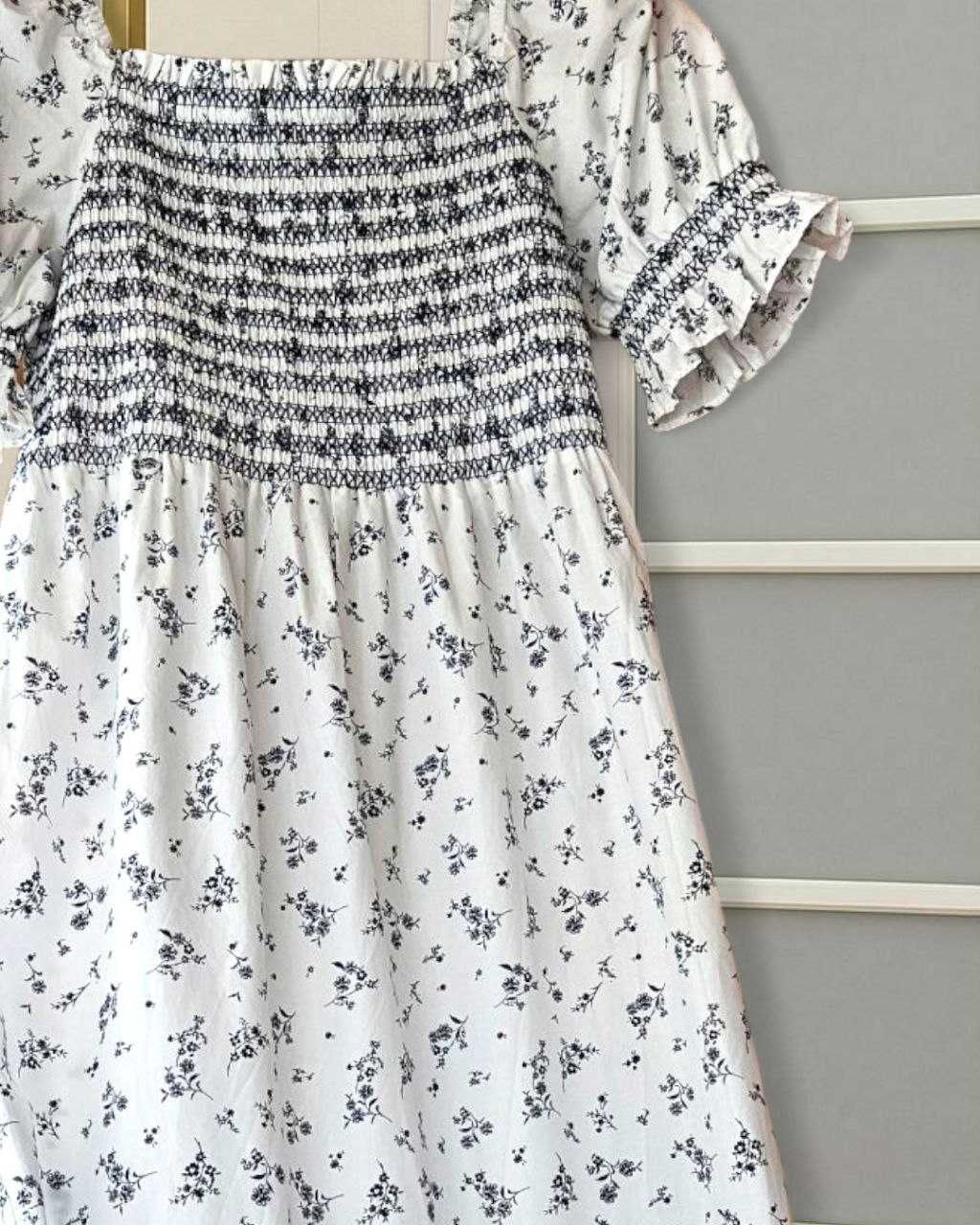 Белое хлопковое платье Marks&Spencer в цветочный принт, р. М