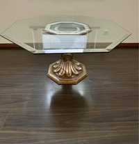 Stół szklany blat kawowy oktagon na rzezbionej nodze vintage złoto