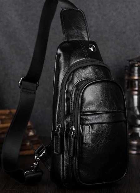 Чоловіча мужская черная кожаная сумка бананка слинг на груди барсетка