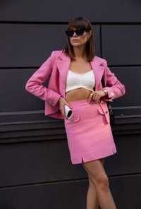 Твідовий костюм рожевий one by one жакет+спідниця
