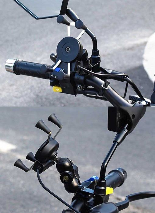 Suporte telemóvel USB garras 4 pontos fixação espelho cafe racer