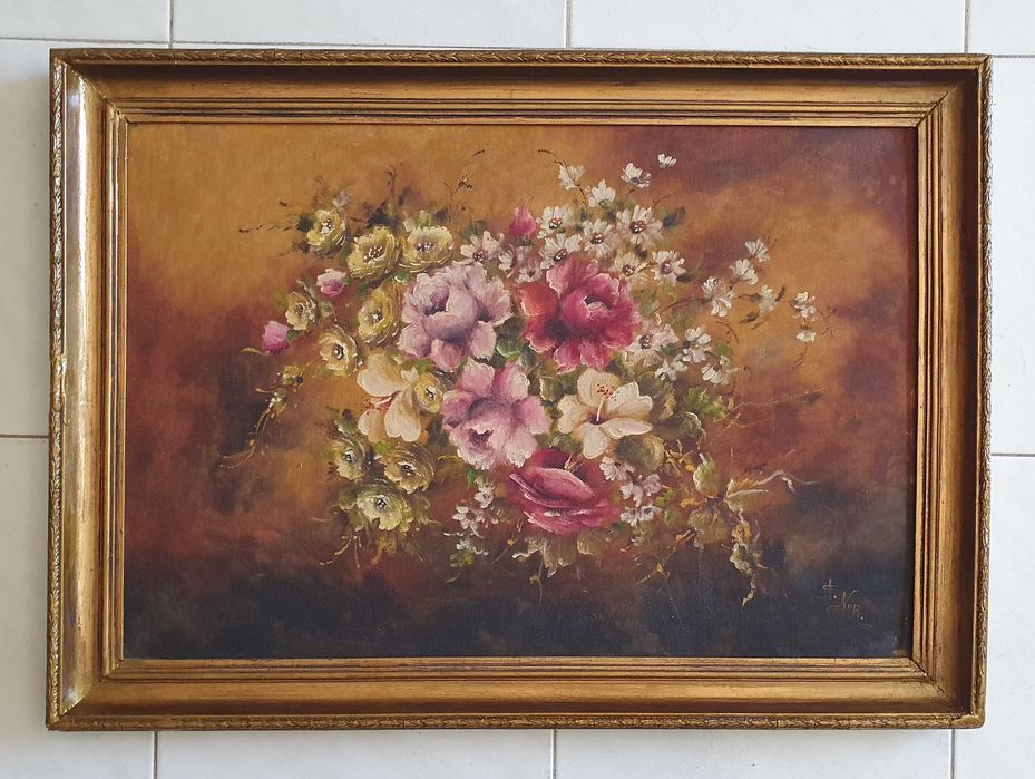 A. Nor. - Pintura Floral original, a óleo, anos 70