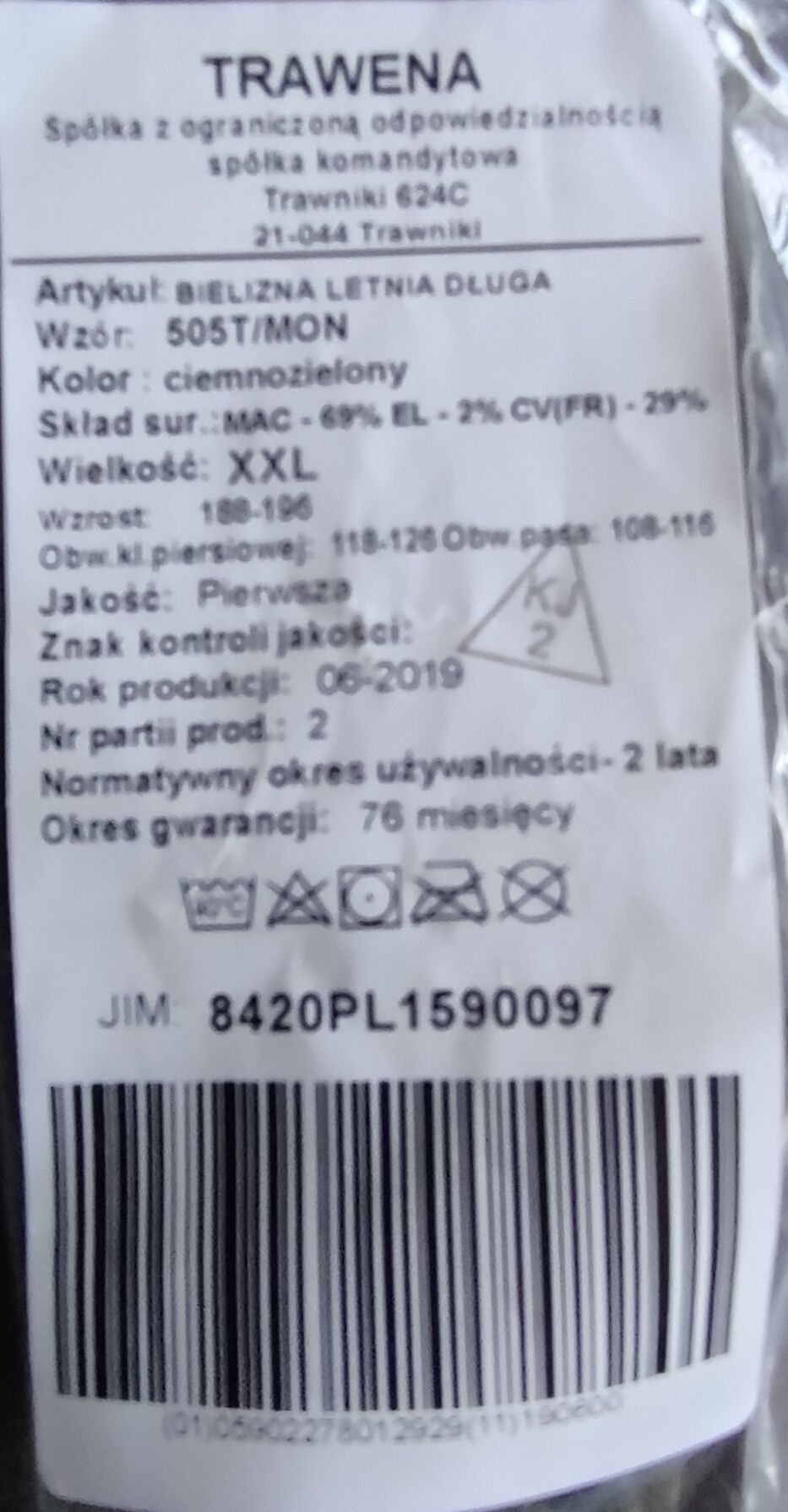 Bielizna letnia długa rozmiar XL wzór 505T/MON