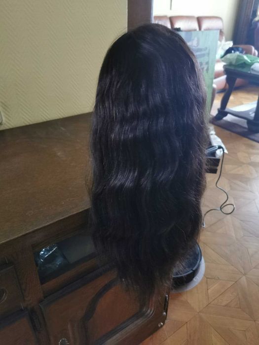 Peruka naturalna czerń 60 cm lace front przedziałek fale bardzo gęsta